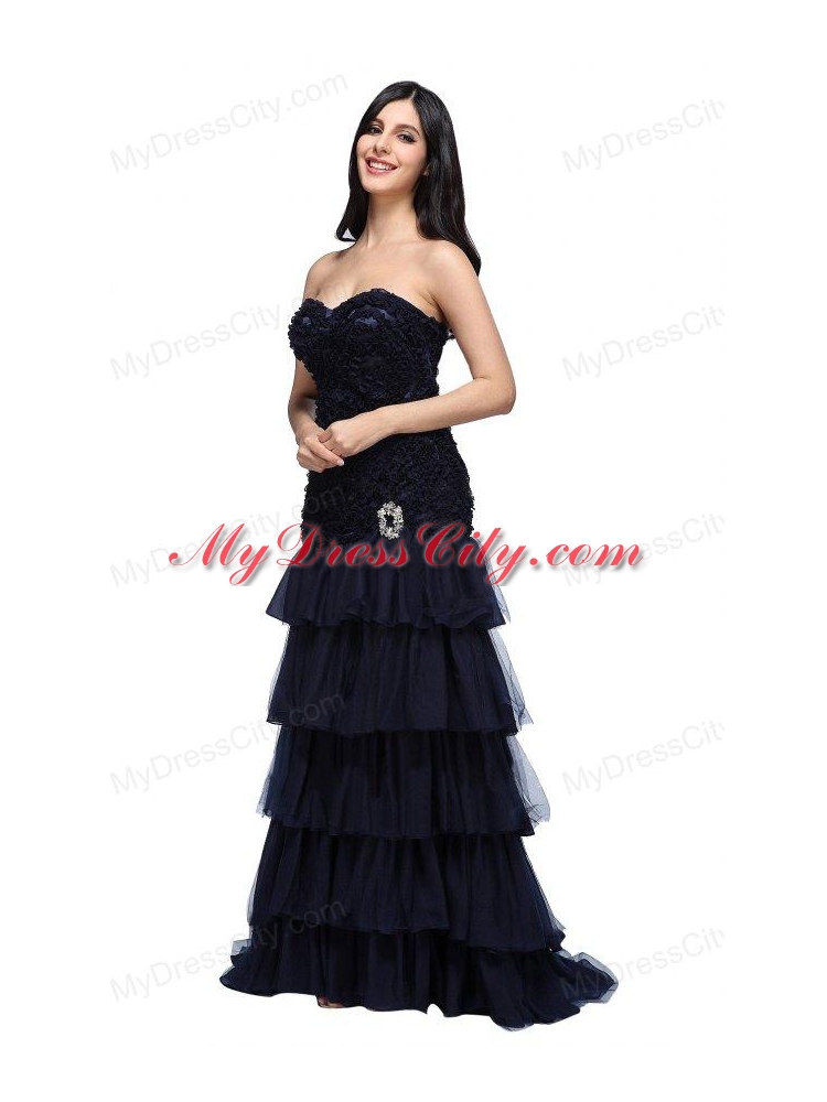 A-line Navy Blue Sweetheart Ruffled Layers Beading Appliques Prom Dress