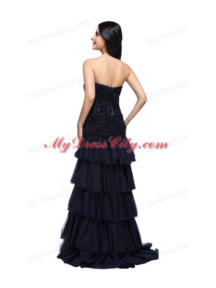 A-line Navy Blue Sweetheart Ruffled Layers Beading Appliques Prom Dress