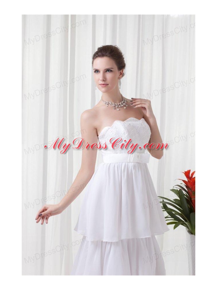 A-line Strapless Ruffled Layers Belt Brush Train Wedding Dress