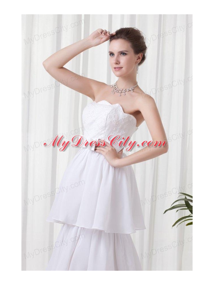 A-line Strapless Ruffled Layers Belt Brush Train Wedding Dress