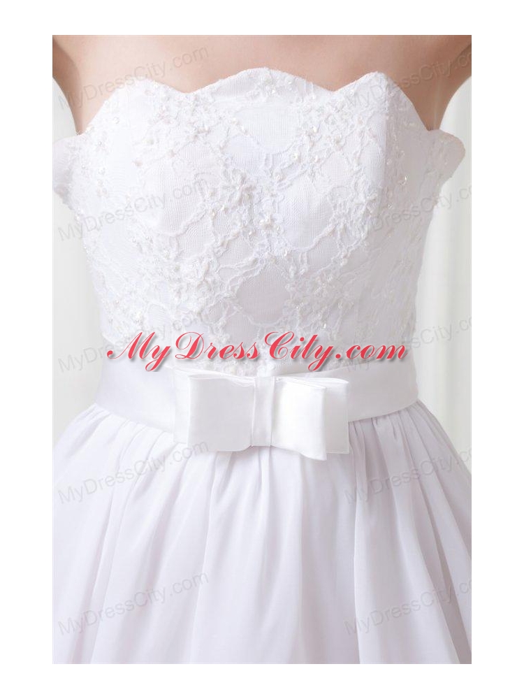 A-line Strapless Ruffled Layers Belt Brush Train Wedding Dress