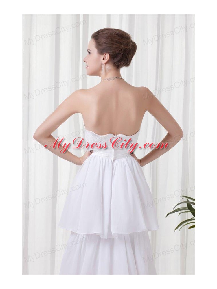 A-line Strapless Ruffled Layers Belt Brush Train Wedding Dress