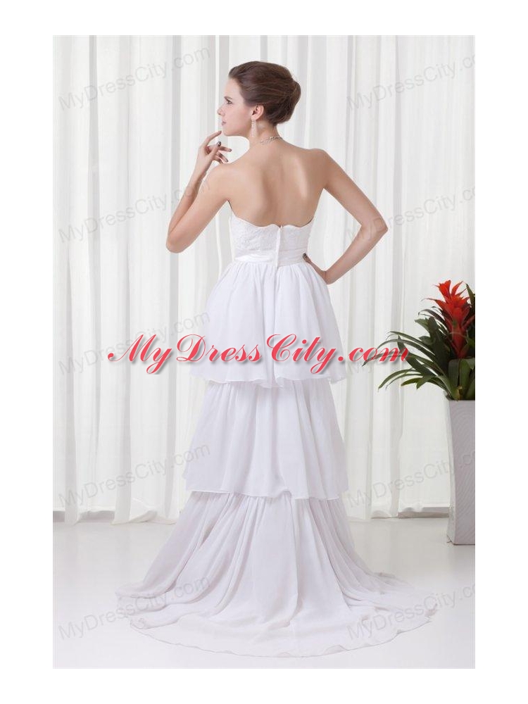 A-line Strapless Ruffled Layers Belt Brush Train Wedding Dress