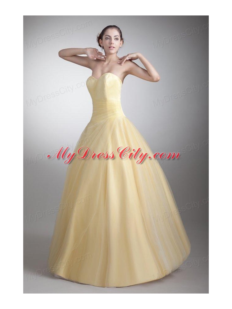 A-line Sweetheart Full Length Ruche Quinceanera Dress in Light Yellow