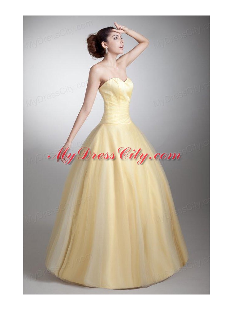 A-line Sweetheart Full Length Ruche Quinceanera Dress in Light Yellow