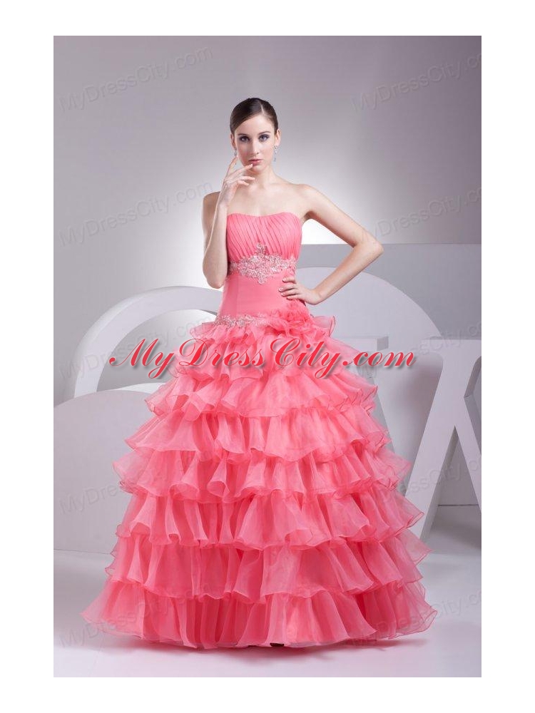 Appliques and Ruffles Layered Strapless Watermelon Quinceanera Dress