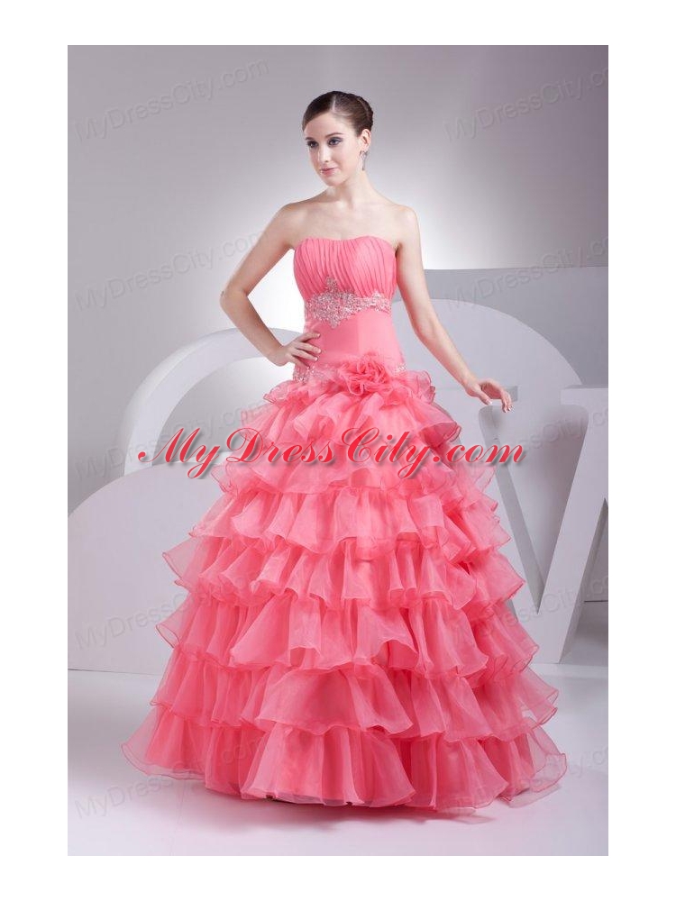 Appliques and Ruffles Layered Strapless Watermelon Quinceanera Dress