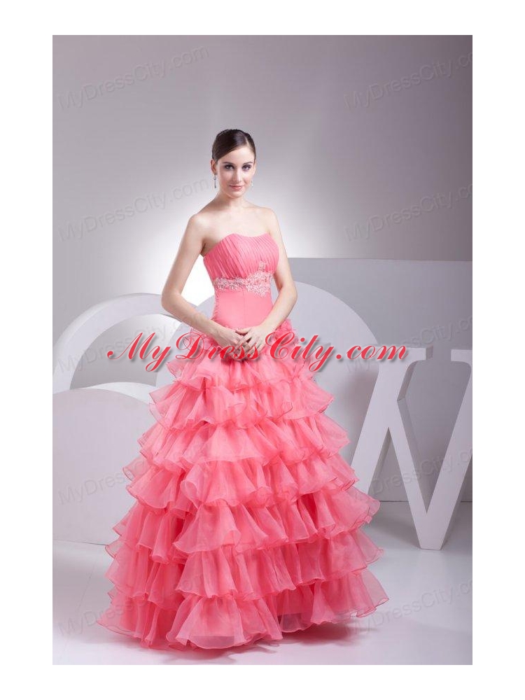 Appliques and Ruffles Layered Strapless Watermelon Quinceanera Dress