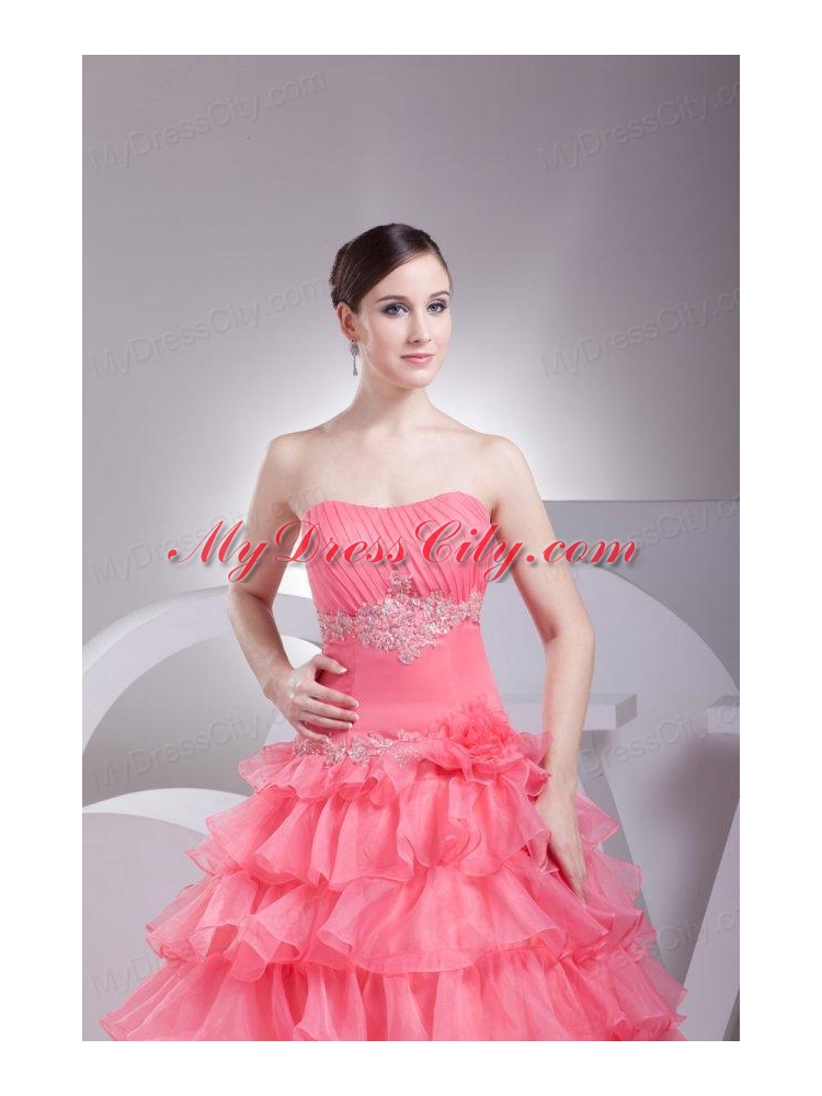 Appliques and Ruffles Layered Strapless Watermelon Quinceanera Dress