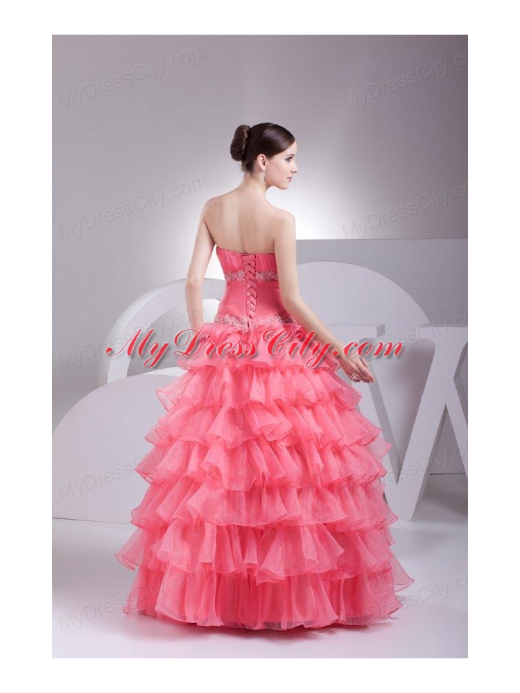 Appliques and Ruffles Layered Strapless Watermelon Quinceanera Dress