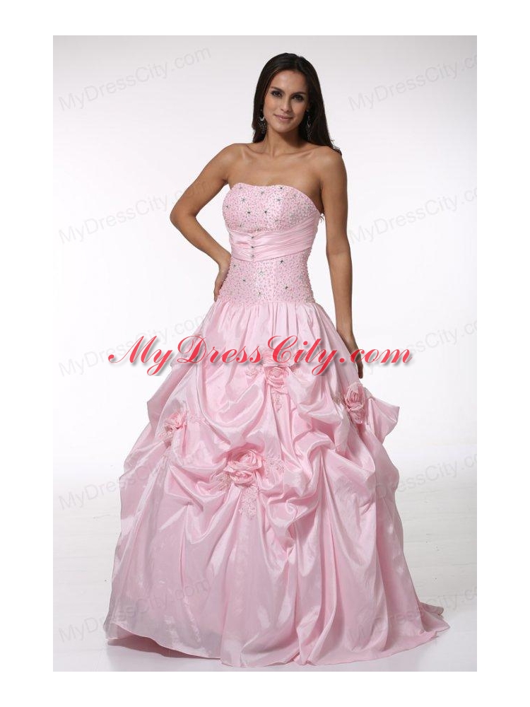 Beading and Hand Made Flowers Strapless Baby Pink Quinceanera Dress