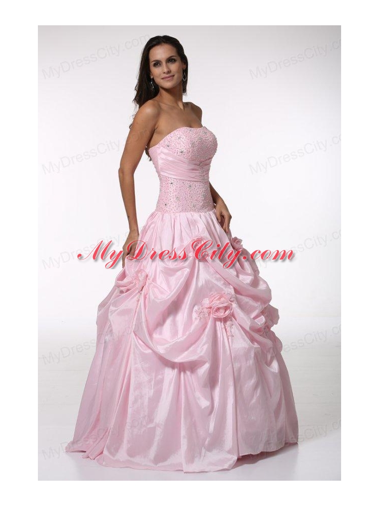 Beading and Hand Made Flowers Strapless Baby Pink Quinceanera Dress