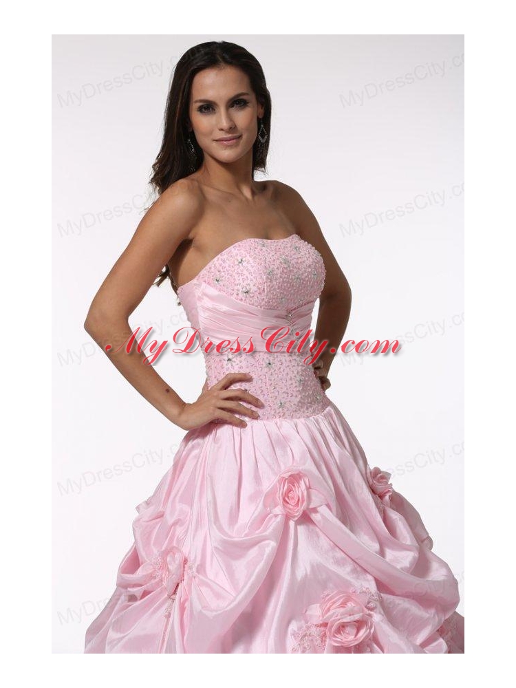 Beading and Hand Made Flowers Strapless Baby Pink Quinceanera Dress