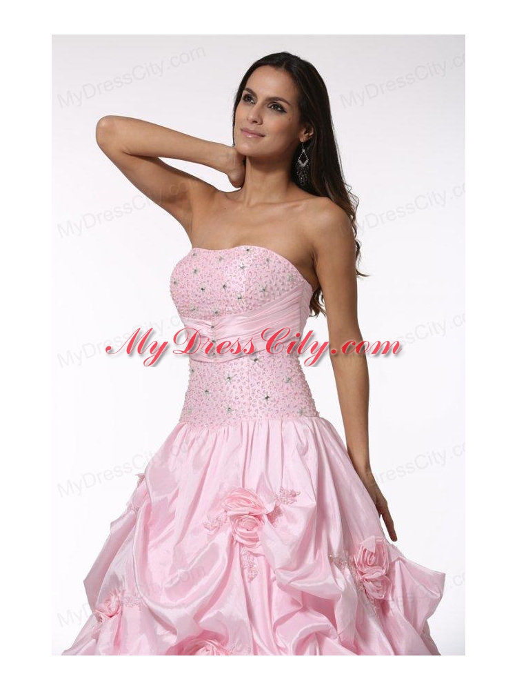 Beading and Hand Made Flowers Strapless Baby Pink Quinceanera Dress