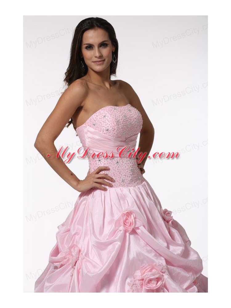 Beading and Hand Made Flowers Strapless Baby Pink Quinceanera Dress