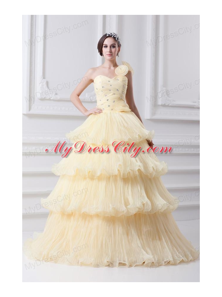 Beautiful A-line One Shoulder Beading and Ruffled Layers Quinceanera Dress in Light Yellow