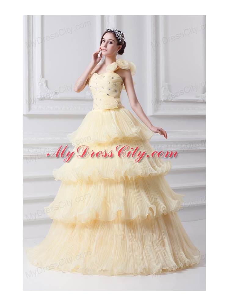 Beautiful A-line One Shoulder Beading and Ruffled Layers Quinceanera Dress in Light Yellow