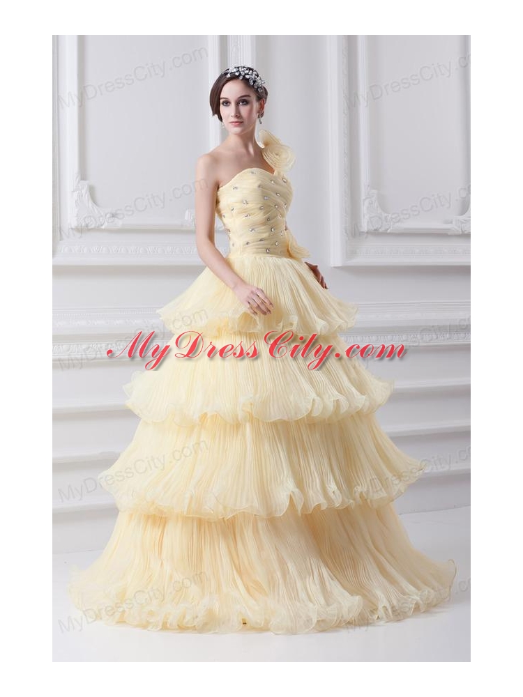 Beautiful A-line One Shoulder Beading and Ruffled Layers Quinceanera Dress in Light Yellow