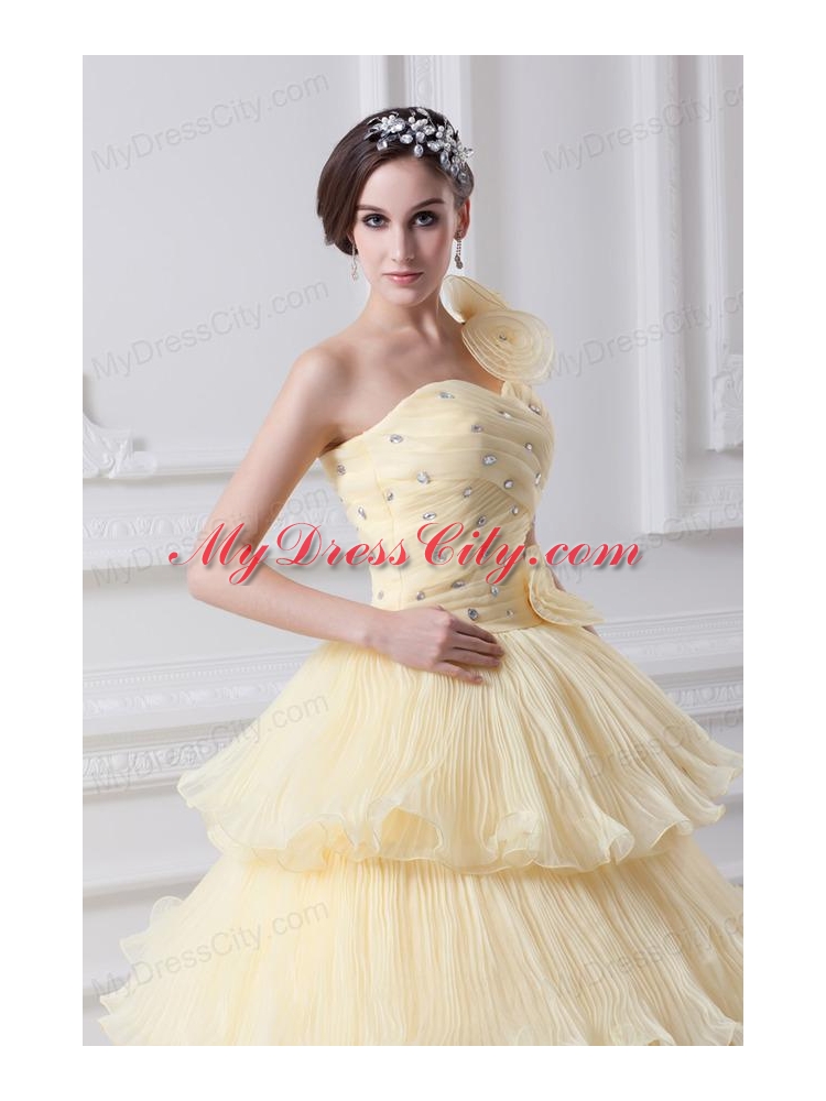 Beautiful A-line One Shoulder Beading and Ruffled Layers Quinceanera Dress in Light Yellow