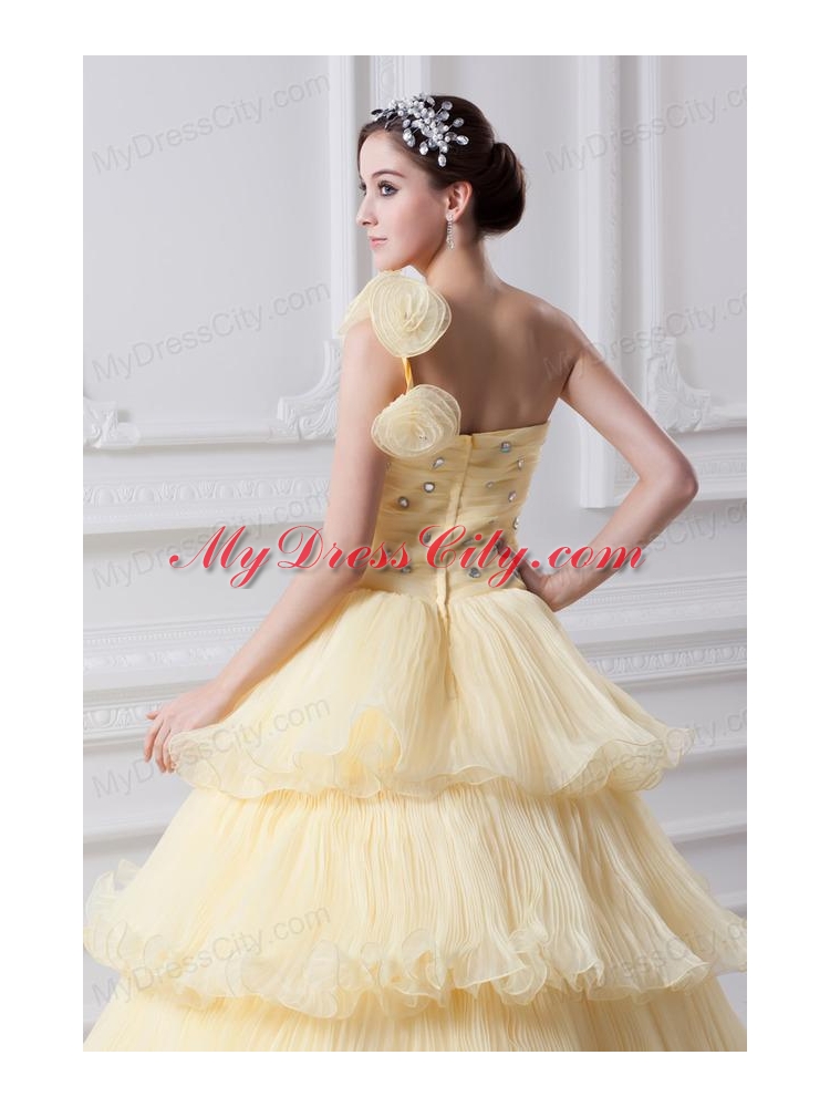 Beautiful A-line One Shoulder Beading and Ruffled Layers Quinceanera Dress in Light Yellow