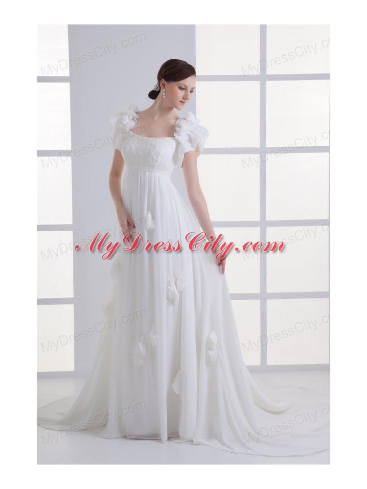 Beautiful Empire Square Court Train Wedding Dress with Flowers