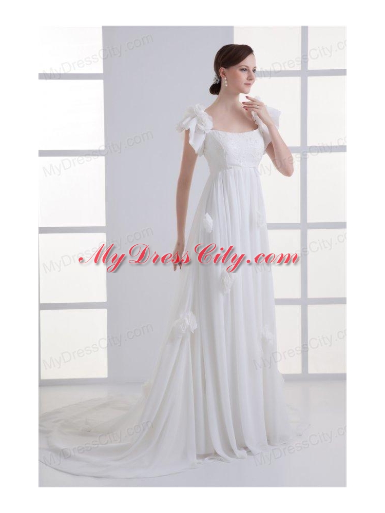 Beautiful Empire Square Court Train Wedding Dress with Flowers