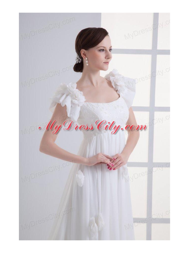 Beautiful Empire Square Court Train Wedding Dress with Flowers