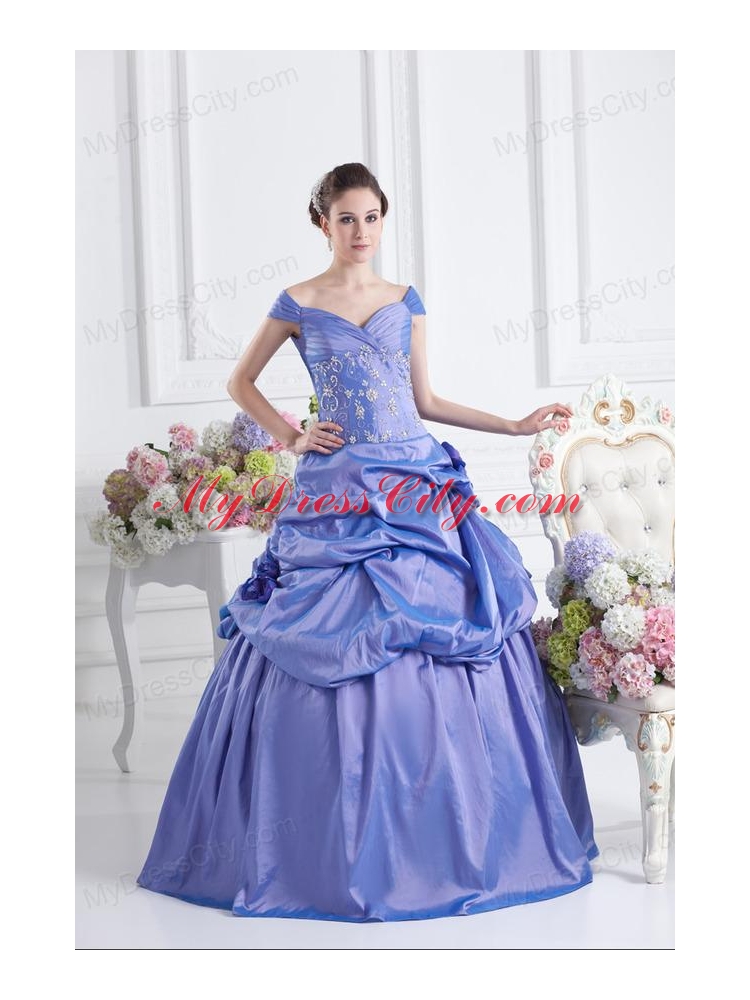 Blue Off The Shoulder Pick-ups Purple Quinceanera Dress with Beading