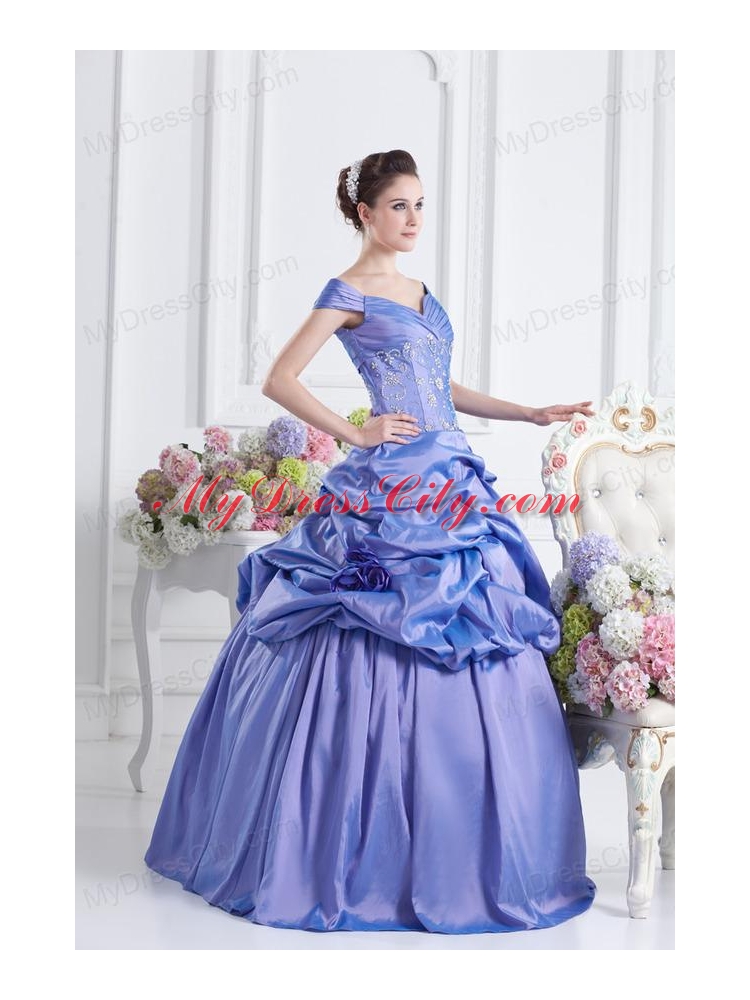 Blue Off The Shoulder Pick-ups Purple Quinceanera Dress with Beading