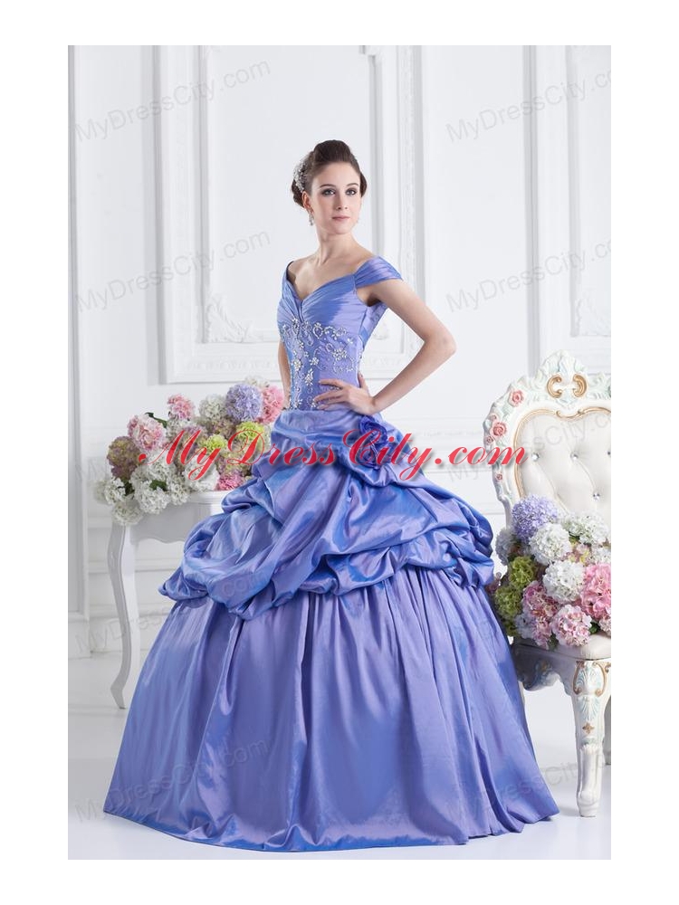 Blue Off The Shoulder Pick-ups Purple Quinceanera Dress with Beading