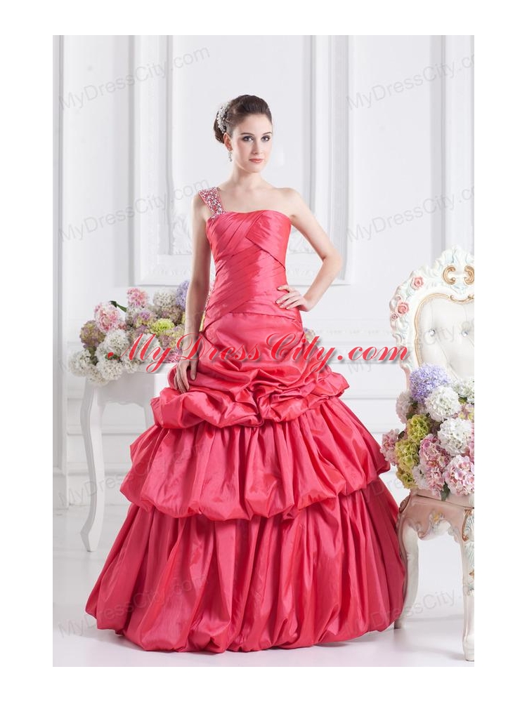 Cheap Coral Red One Shoulder Beading Ball Gown Quinceanera Dress with Pick Ups