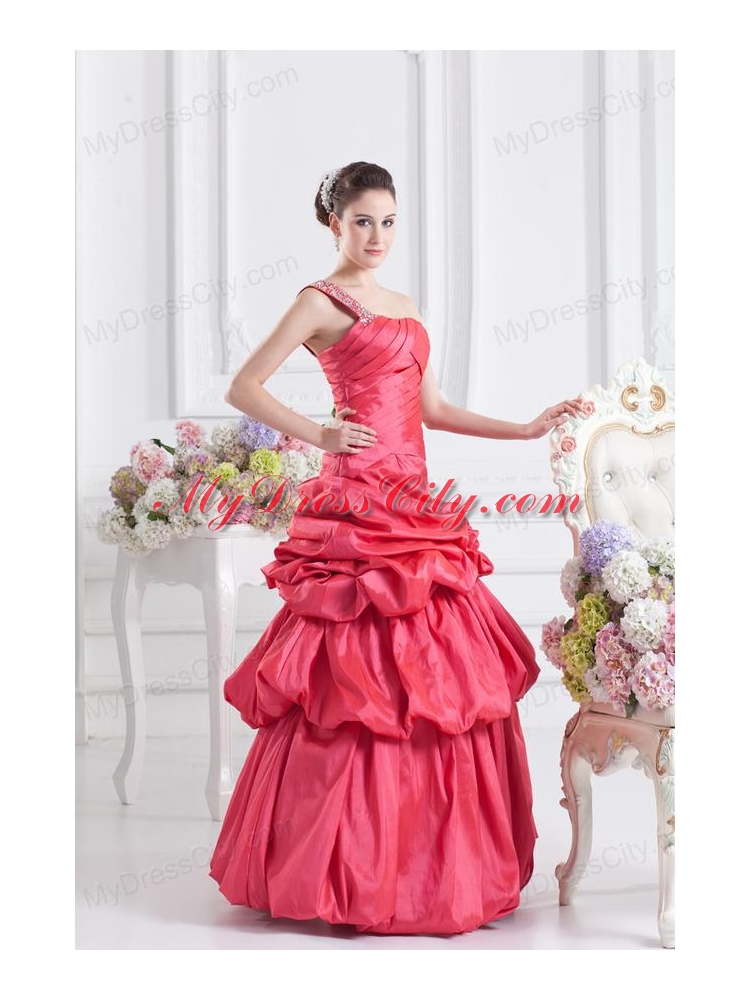 Cheap Coral Red One Shoulder Beading Ball Gown Quinceanera Dress with Pick Ups