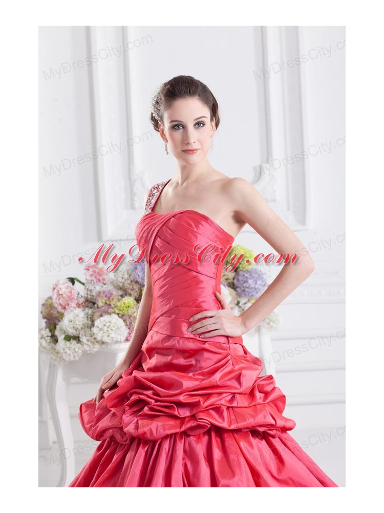 Cheap Coral Red One Shoulder Beading Ball Gown Quinceanera Dress with Pick Ups