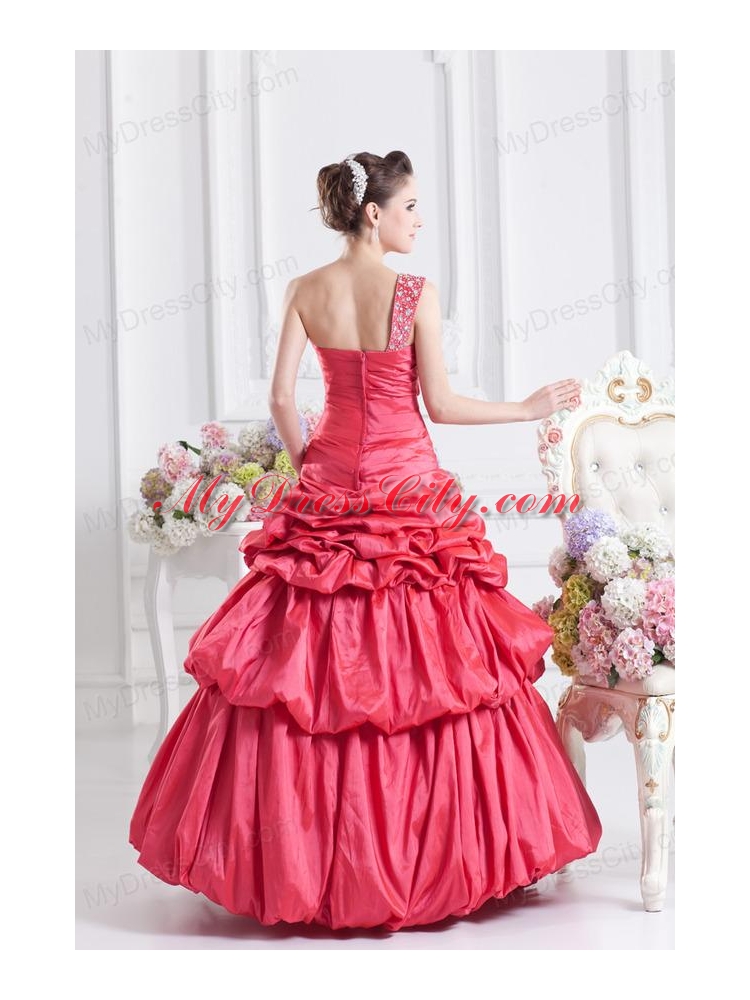 Cheap Coral Red One Shoulder Beading Ball Gown Quinceanera Dress with Pick Ups