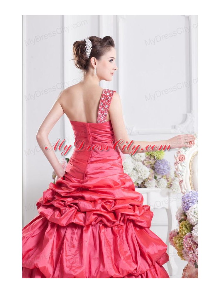 Cheap Coral Red One Shoulder Beading Ball Gown Quinceanera Dress with Pick Ups