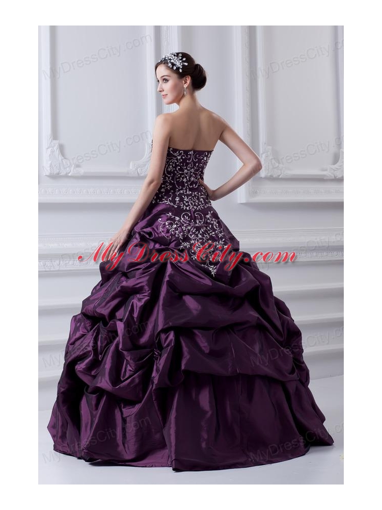 Cheap Eggplant Purple Sweetheart Embroidery and Pick-ups Quinceanera Dress