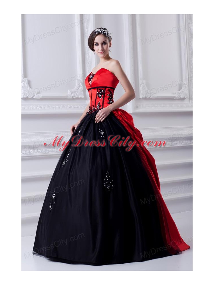 Cheap Strapless Appliques Pick-ups Black and Red Quinceanera Dress with Brush Train