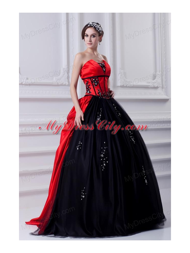 Cheap Strapless Appliques Pick-ups Black and Red Quinceanera Dress with Brush Train