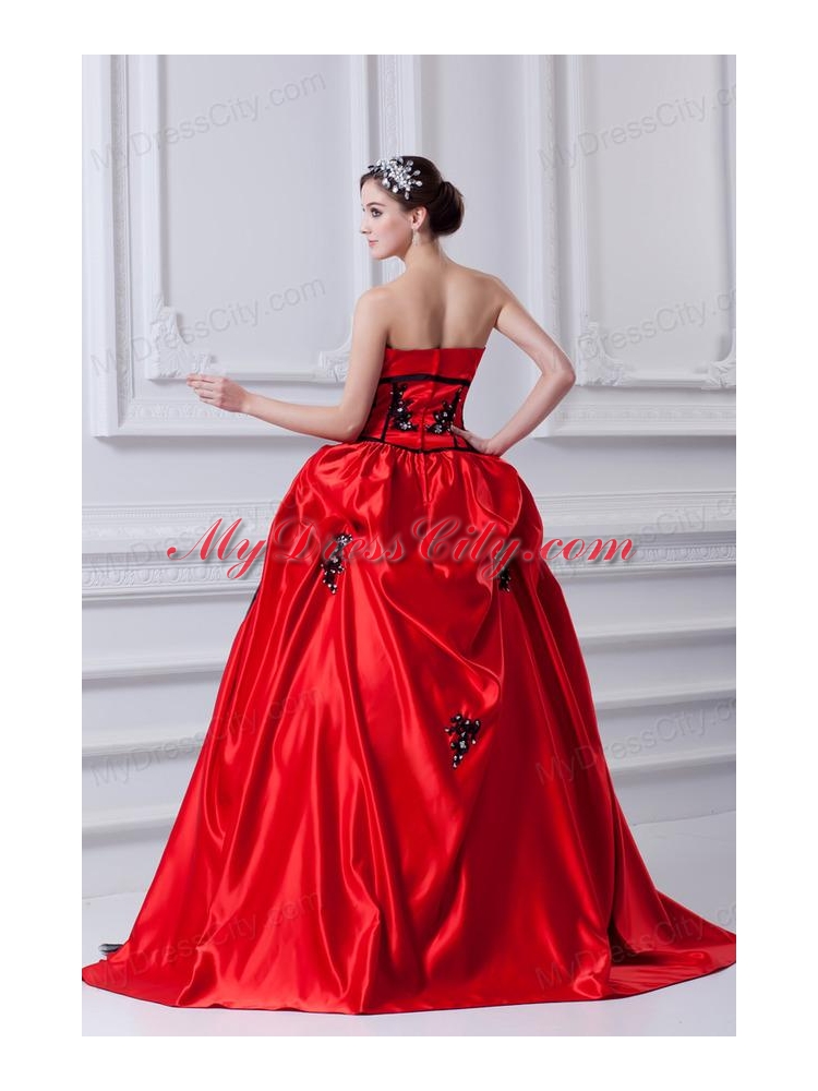 Cheap Strapless Appliques Pick-ups Black and Red Quinceanera Dress with Brush Train