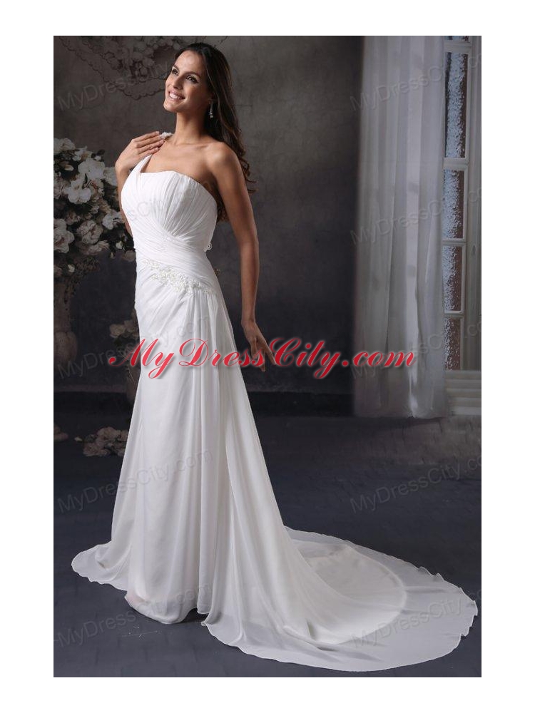 Column One Shoulder Ruching Court Train Chiffon Wedding Dress