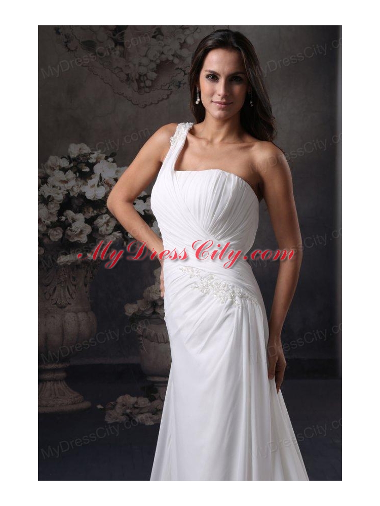 Column One Shoulder Ruching Court Train Chiffon Wedding Dress