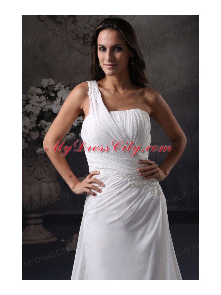 Column One Shoulder Ruching Court Train Chiffon Wedding Dress