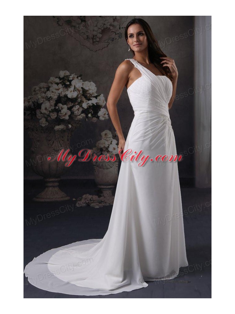 Column One Shoulder Ruching Court Train Chiffon Wedding Dress