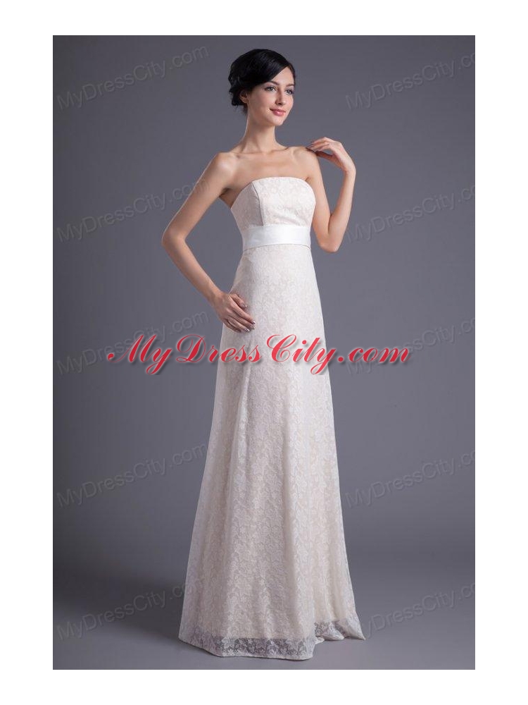 Column Strapless White Lace Belt Floor-length Wedding Dress