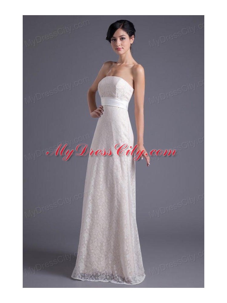 Column Strapless White Lace Belt Floor-length Wedding Dress