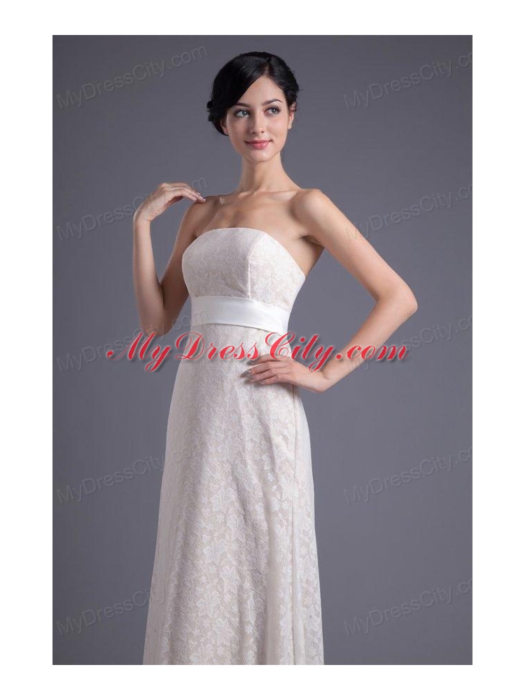 Column Strapless White Lace Belt Floor-length Wedding Dress