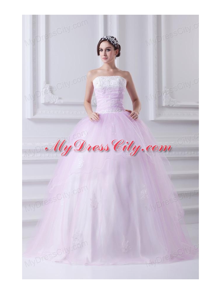 Cute Ball Gown Strapless Beading and Appliques Tulle Baby Pink Quinceanera Dress