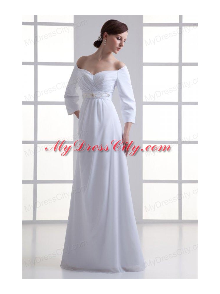 Empire Off The Shoulder Long Sleeves Floor-length Beading Wedding Dress