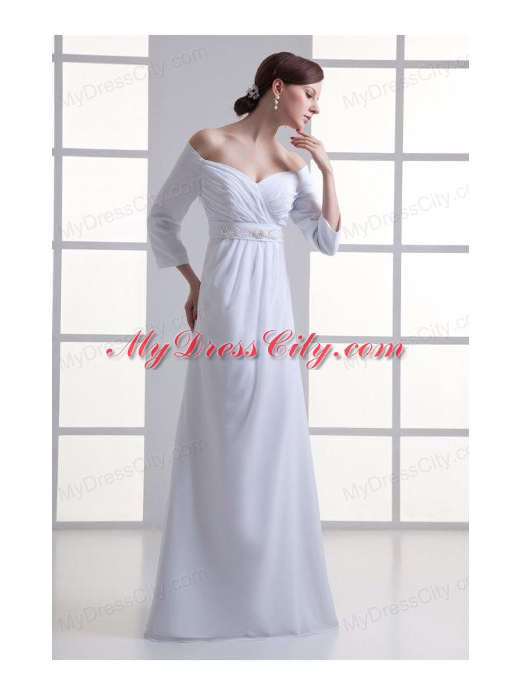 Empire Off The Shoulder Long Sleeves Floor-length Beading Wedding Dress