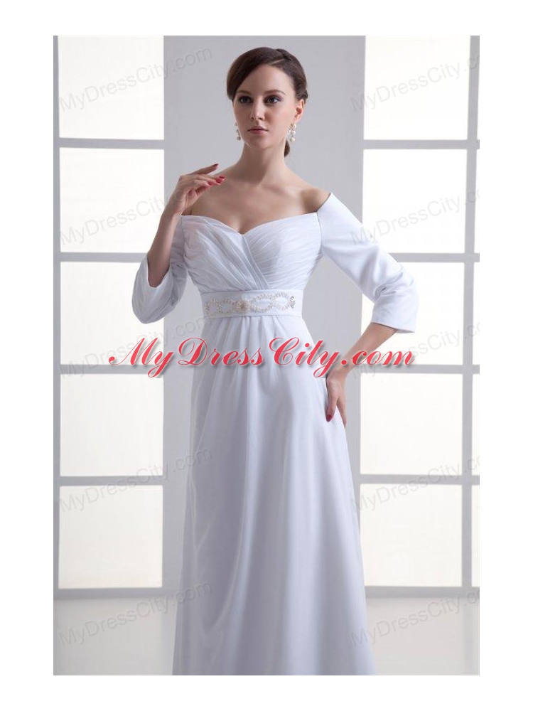 Empire Off The Shoulder Long Sleeves Floor-length Beading Wedding Dress